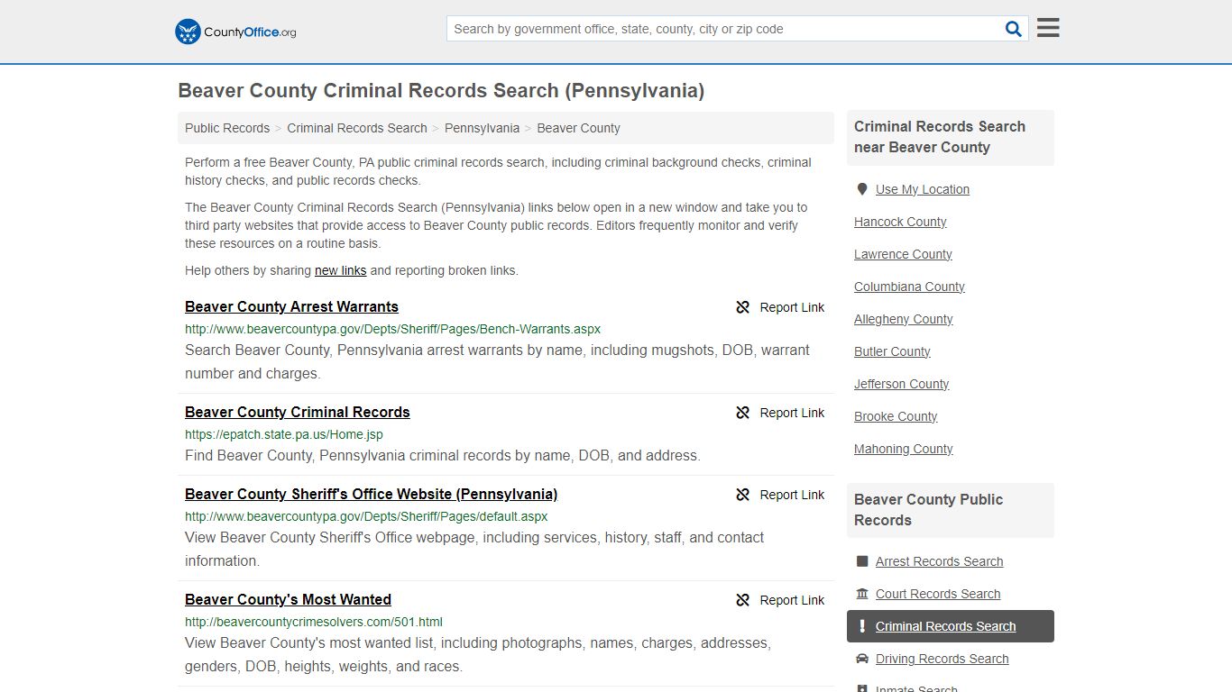 Beaver County Criminal Records Search (Pennsylvania) - County Office