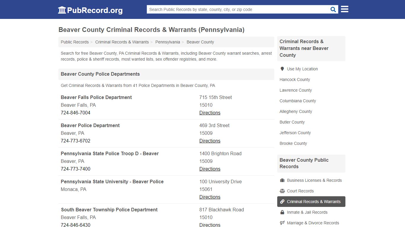 Beaver County Criminal Records & Warrants (Pennsylvania)